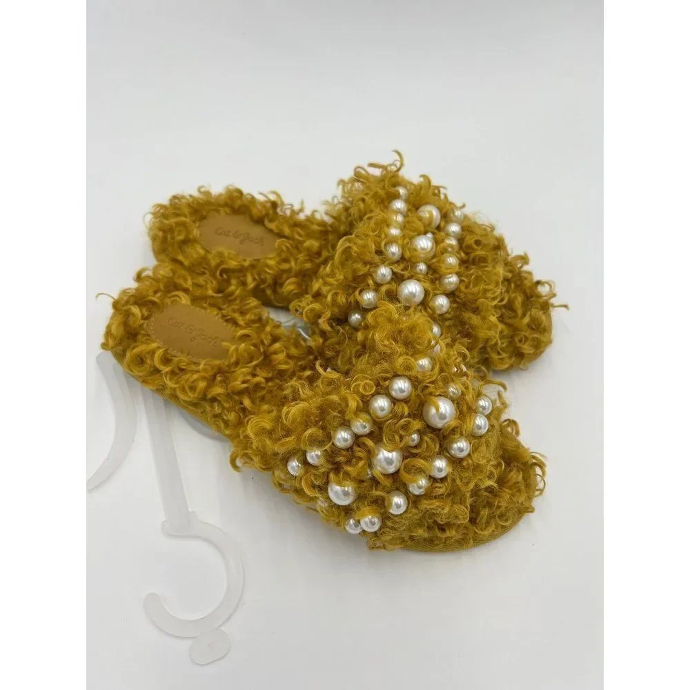Cat Jack Toddler Girls‎ Fuzzy Slippers Pearls Mustard Yellow Size 4 NWT